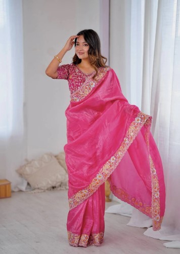 Hot Pink Gold Crush Saree